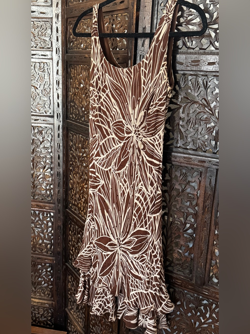 Brown Floral Maxi Dress with Cream Botanical Print